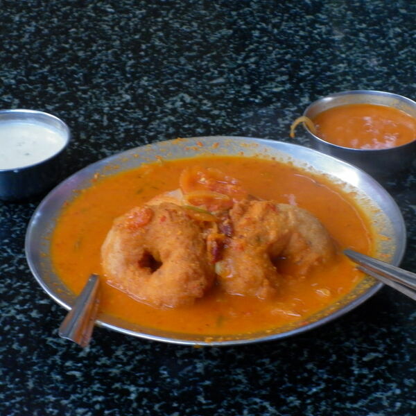 Idli, vada and sambar breakfast plate