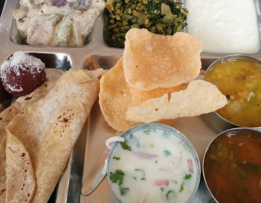 South Indian coconut-based meal with rice, sambar and chutney